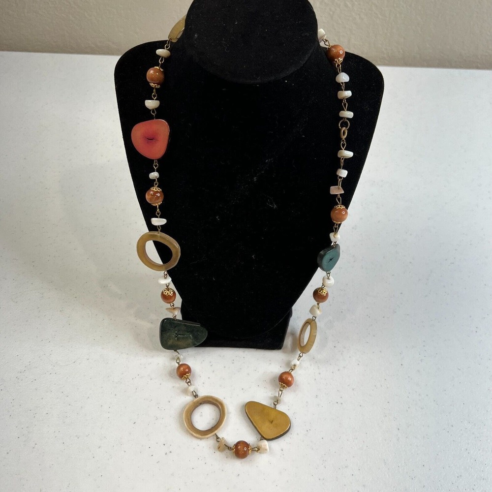 Vintage Womens Brass Chain Multicolor Wooden & Plastic Beads Pearl Long Necklace